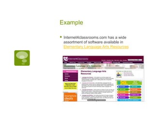 Example


Internet4classrooms.com has a wide
assortment of software available in
Elementary Language Arts Resources

 