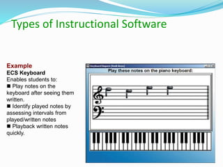 Types of Instructional Software
Example
ECS Keyboard
Enables students to:
 Play notes on the
keyboard after seeing them
written.
 Identify played notes by
assessing intervals from
played/written notes
 Playback written notes
quickly.
 