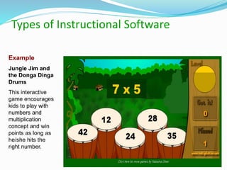 Types of Instructional Software
Example
Jungle Jim and
the Donga Dinga
Drums
This interactive
game encourages
kids to play with
numbers and
multiplication
concept and win
points as long as
he/she hits the
right number.
 