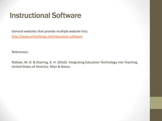 Extensive feedback activitiesBenefits of Drill and Practice:This gives the learner the opportunity for repetitive rehearsal that increases long term memory.  It provides immediate feedback, motivation, and saves the teacher time.Websites:www.mathmedia.com - a math website that allows for multiple disciplines to be practiced.http://www.rayslearning.com - a writing website that helps learners with their writing skills.