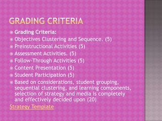  Grading Criteria:
 Objectives Clustering and Sequence. (5)
 Preinstructional Activities (5)
 Assessment Activities. (5)
 Follow-Through Activities (5)
 Content Presentation (5)
 Student Participation (5)
 Based on considerations, student grouping,
  sequential clustering, and learning components,
  selection of strategy and media is completely
  and effectively decided upon (20)
Strategy Template
 