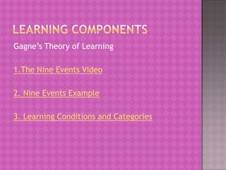 Gagne’s Theory of Learning

1.The Nine Events Video

2. Nine Events Example

3. Learning Conditions and Categories
 