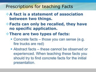 Prescriptions for teaching Facts 
A fact is a statement of association 
between two things. 
Facts can only be recalled, they have 
no specific application. 
There are two types of facts: 
 Concrete facts – those you can sense (e.g. 
fire trucks are red) 
 Abstract facts – these cannot be observed or 
experienced. When teaching these facts you 
should try to find concrete facts for the initial 
presentation. 
 