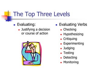 The Top Three Levels 
 Evaluating: 
 Justifying a decision 
or course of action 
 Evaluating Verbs 
 Checking 
 Hypothesizing 
 Critiquing 
 Experimenting 
 Judging 
 Testing 
 Detecting 
 Monitoring 
 