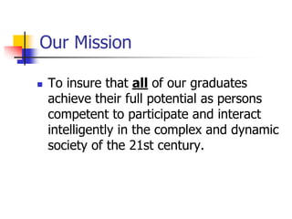 Our Mission 
 To insure that all of our graduates 
achieve their full potential as persons 
competent to participate and interact 
intelligently in the complex and dynamic 
society of the 21st century. 
 