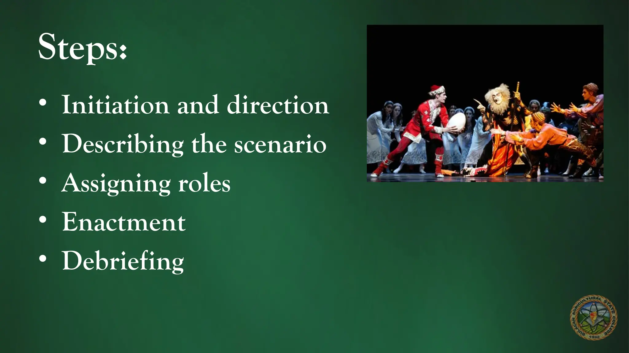 Steps:
• Initiation and direction
• Describing the scenario
• Assigning roles
• Enactment
• Debriefing
 