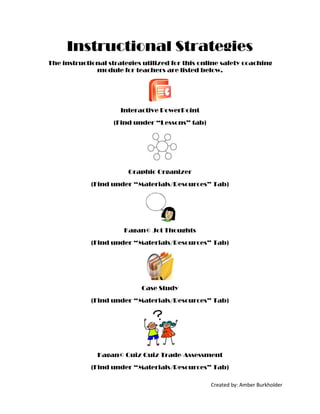 Instructional Strategies
The instructional strategies utilized for this online safety coaching
              module for teachers are listed below.




                      Interactive PowerPoint
                    (Find under “Lessons” tab)




                        Graphic Organizer
             (Find under “Materials/Resources” Tab)




                       Kagan© Jot Thoughts
             (Find under “Materials/Resources” Tab)




                            Case Study
             (Find under “Materials/Resources” Tab)




               Kagan© Quiz Quiz Trade-Assessment
             (Find under “Materials/Resources” Tab)

                                                  Created by: Amber Burkholder
 
