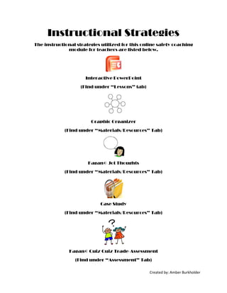 Instructional Strategies
The instructional strategies utilized for this online safety coaching
              module for teachers are listed below.




                      Interactive PowerPoint
                    (Find under “Lessons” tab)




                        Graphic Organizer
             (Find under “Materials/Resources” Tab)




                       Kagan© Jot Thoughts
             (Find under “Materials/Resources” Tab)




                            Case Study
             (Find under “Materials/Resources” Tab)




               Kagan© Quiz Quiz Trade-Assessment
                 (Find under “Assessment” Tab)

                                                  Created by: Amber Burkholder
 
