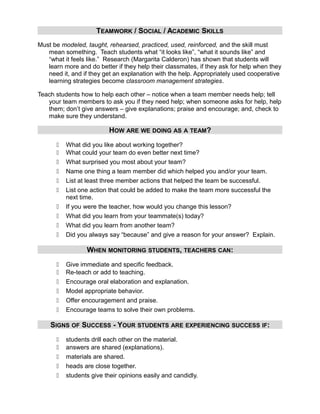 TEAMWORK / SOCIAL / ACADEMIC SKILLS
Must be modeled, taught, rehearsed, practiced, used, reinforced, and the skill must
   mean something. Teach students what “it looks like”, “what it sounds like” and
   “what it feels like.” Research (Margarita Calderon) has shown that students will
   learn more and do better if they help their classmates, if they ask for help when they
   need it, and if they get an explanation with the help. Appropriately used cooperative
   learning strategies become classroom management strategies.

Teach students how to help each other – notice when a team member needs help; tell
   your team members to ask you if they need help; when someone asks for help, help
   them; don’t give answers – give explanations; praise and encourage; and, check to
   make sure they understand.

                          HOW ARE WE DOING AS A TEAM?
         What did you like about working together?
         What could your team do even better next time?
         What surprised you most about your team?
         Name one thing a team member did which helped you and/or your team.
         List at least three member actions that helped the team be successful.
         List one action that could be added to make the team more successful the
          next time.
         If you were the teacher, how would you change this lesson?
         What did you learn from your teammate(s) today?
         What did you learn from another team?
         Did you always say “because” and give a reason for your answer? Explain.

                 WHEN MONITORING STUDENTS, TEACHERS CAN:
         Give immediate and specific feedback.
         Re-teach or add to teaching.
         Encourage oral elaboration and explanation.
         Model appropriate behavior.
         Offer encouragement and praise.
         Encourage teams to solve their own problems.

    SIGNS OF SUCCESS - YOUR STUDENTS ARE EXPERIENCING SUCCESS IF:
         students drill each other on the material.
         answers are shared (explanations).
         materials are shared.
         heads are close together.
         students give their opinions easily and candidly.
 