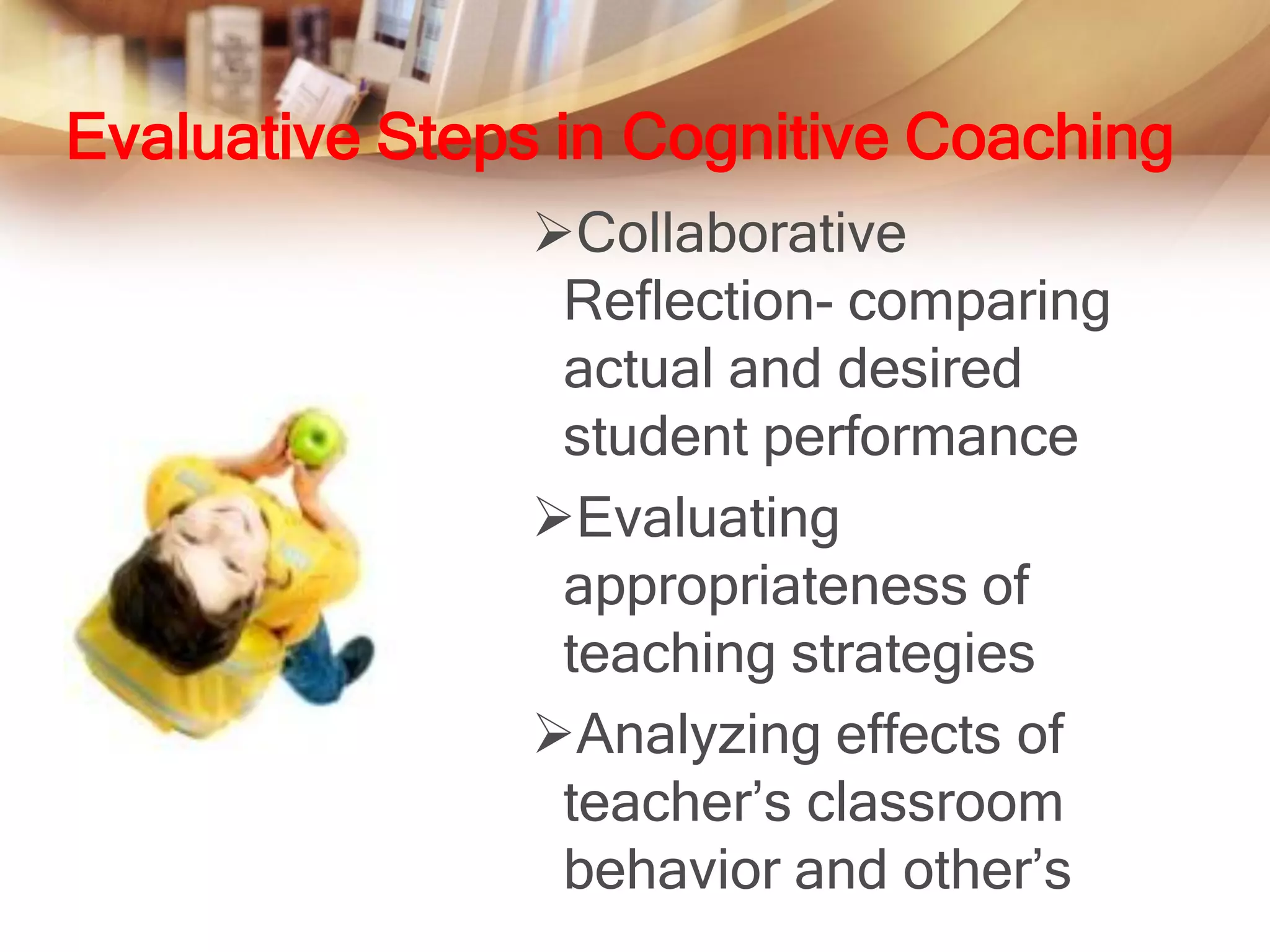 Evaluative Steps in Cognitive Coaching
               Collaborative
                Reflection- comparing
                actual and desired
                student performance
               Evaluating
                appropriateness of
                teaching strategies
               Analyzing effects of
                teacher’s classroom
                behavior and other’s
 