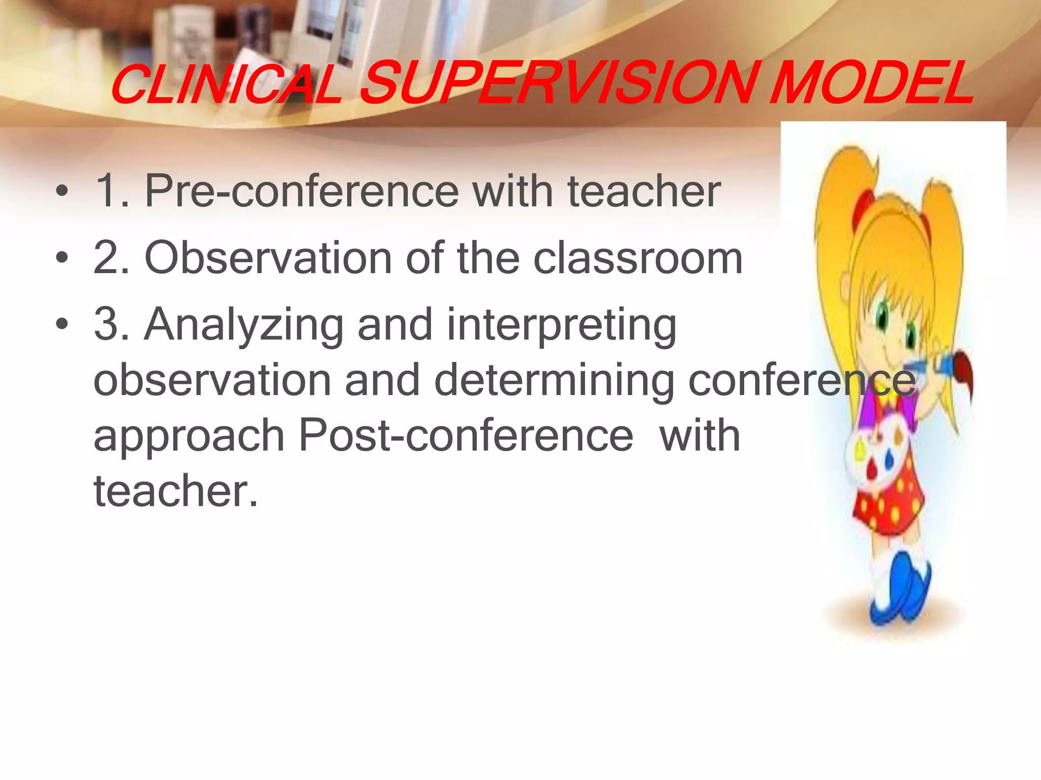 CLINICAL SUPERVISION MODEL
• 1. Pre-conference with teacher
• 2. Observation of the classroom
• 3. Analyzing and interpreting
  observation and determining conference
  approach Post-conference with
  teacher.
 