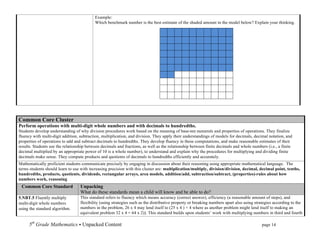 Example:
                                           Which benchmark number is the best estimate of the shaded amount in the model below? Explain your thinking.




      	
  

Common Core Cluster
Perform operations with multi-digit whole numbers and with decimals to hundredths.
Students develop understanding of why division procedures work based on the meaning of base-ten numerals and properties of operations. They finalize
fluency with multi-digit addition, subtraction, multiplication, and division. They apply their understandings of models for decimals, decimal notation, and
properties of operations to add and subtract decimals to hundredths. They develop fluency in these computations, and make reasonable estimates of their
results. Students use the relationship between decimals and fractions, as well as the relationship between finite decimals and whole numbers (i.e., a finite
decimal multiplied by an appropriate power of 10 is a whole number), to understand and explain why the procedures for multiplying and dividing finite
decimals make sense. They compute products and quotients of decimals to hundredths efficiently and accurately.
Mathematically proficient students communicate precisely by engaging in discussion about their reasoning using appropriate mathematical language. The
terms students should learn to use with increasing precision with this cluster are: multiplication/multiply, division/division, decimal, decimal point, tenths,
hundredths, products, quotients, dividends, rectangular arrays, area models, addition/add, subtraction/subtract, (properties)-rules about how
numbers work, reasoning
 Common Core Standard              Unpacking
                                   What do these standards mean a child will know and be able to do?
5.NBT.5 Fluently multiply          This standard refers to fluency which means accuracy (correct answer), efficiency (a reasonable amount of steps), and
multi-digit whole numbers          flexibility (using strategies such as the distributive property or breaking numbers apart also using strategies according to the
using the standard algorithm.      numbers in the problem, 26 x 4 may lend itself to (25 x 4 ) + 4 where as another problem might lend itself to making an
                                   equivalent problem 32 x 4 = 64 x 2)). This standard builds upon students’ work with multiplying numbers in third and fourth

      5th Grade Mathematics • Unpacked Content	
  	
  	
                                                          	
      	
       	
      page 14	
  
      	
  
 