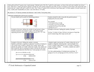 whole grids and the 65 squares into 3 equal groups. I labeled each of the first 3 grids for each runner, so I know that each team member ran at least 1
mile. I then have 1 whole grid and 65 squares to divide up. Each column represents one-tenth. If I give 5 columns to each runner, that means that each
runner has run 1 whole mile and 5 tenths of a mile. Now, I have 15 squares left to divide up. Each runner gets 5 of those squares. So each runner ran 1
mile, 5 tenths and 5 hundredths of a mile. I can write that as 1.55 miles.

My answer is 1.55 and my estimate was between 1 and 2 miles. I was pretty close.

Additional multiplication and division examples:
      An area model can be useful for illustrating products.                   Students should be able to describe the partial products
                                                                               displayed by the area model.

                                                                               For example,
                                                                               “3/10 times 4/10 is 12/100.
                                                                               3/10 times 2 is 6/10 or 60/100.
                                                                               1 group of 4/10 is 4/10 or 40/100.
                                                                               1 group of 2 is 2.”
        Example of division: finding the number in each group or share.        Example of division: finding the number of groups.
        Students should be encouraged to apply a fair sharing model
        separating decimal values into equal parts such as                     Joe has 1.6 meters of rope. He has to cut pieces of rope that
                                                                               are 0.2 meters long. How many can he cut?




        Example of division: finding the number of groups.                      Students might count groups of 2 tenths without the use of
        Students could draw a segment to represent 1.6 meters. In doing so,    models or diagrams. Knowing that 1 can be thought of as
        s/he would count in tenths to identify the 6 tenths, and be able       10/10, a student might think of 1.6 as 16 tenths. Counting 2
        identify the number of 2 tenths within the 6 tenths. The student can   tenths, 4 tenths, 6 tenths, . . .16 tenths, a student can count 8
        then extend the idea of counting by tenths to divide the one meter     groups of 2 tenths.
        into tenths and determine that there are 5 more groups of 2 tenths.
                                                                               Use their understanding of multiplication and think, “8
                                                                               groups of 2 is 16, so 8 groups of 2/10 is 16/10 or 1 6/10.”




 5th Grade Mathematics • Unpacked Content	
  	
  	
                                                             	
      	
       	
       page 21	
  
 	
  
 