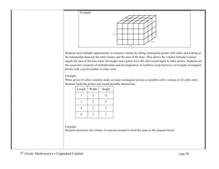 Example:




                                   	
  	
  	
  	
  	
  	
  	
  	
  	
  	
  	
  	
  	
  	
  	
  	
  	
  	
  	
  	
  	
  	
  	
  	
  	
  	
  	
  	
  	
  	
  	
  	
  	
  	
  	
  	
  	
  	
  	
  	
  	
  	
  	
  	
  	
  	
  	
  	
  
                                   Students need multiple opportunities to measure volume by filling rectangular prisms with cubes and looking at
                                   the relationship between the total volume and the area of the base. They derive the volume formula (volume
                                   equals the area of the base times the height) and explore how this idea would apply to other prisms. Students use
                                   the associative property of multiplication and decomposition of numbers using factors to investigate rectangular
                                   prisms with a given number of cubic units.

                                   Example:
                                   When given 24 cubes, students make as many rectangular prisms as possible with a volume of 24 cubic units.
                                   Students build the prisms and record possible dimensions.
                                                   Length            Width            Height

                                                        1                2                12

                                                        2                2                 6

                                                        4                2                 3

                                                        8                3                 1



                                   Example:
                                   Students determine the volume of concrete needed to build the steps in the diagram below.




5th Grade Mathematics • Unpacked Content	
  	
  	
                                                                                                       	
            	
            	
            page 40	
  
	
  
 