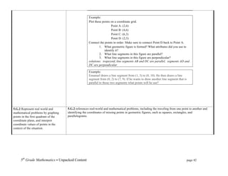 Example:
                                                        Plot these points on a coordinate grid.
                                                                          Point A: (2,6)
                                                                          Point B: (4,6)
                                                                          Point C: (6,3)
                                                                          Point D: (2,3)
                                                        Connect the points in order. Make sure to connect Point D back to Point A.
                                                                1. What geometric figure is formed? What attributes did you use to
                                                                    identify it?
                                                                2. What line segments in this figure are parallel?
                                                                3. What line segments in this figure are perpendicular?
                                                        solutions: trapezoid, line segments AB and DC are parallel, segments AD and
                                                        DC are perpendicular

                                                        Example:
                                                        Emanuel draws a line segment from (1, 3) to (8, 10). He then draws a line
                                                        segment from (0, 2) to (7, 9). If he wants to draw another line segment that is
                                                        parallel to those two segments what points will he use?




5.G.2 Represent real world and          5.G.2 references real-world and mathematical problems, including the traveling from one point to another and
mathematical problems by graphing       identifying the coordinates of missing points in geometric figures, such as squares, rectangles, and
points in the first quadrant of the     parallelograms.
coordinate plane, and interpret
coordinate values of points in the
context of the situation.




     5th Grade Mathematics • Unpacked Content	
  	
  	
                                                      	
       	
      	
          page 42	
  
     	
  
 