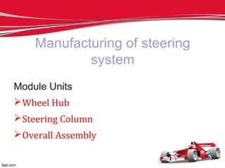 Manufacturing of steering
system
Module Units
Wheel Hub
Steering Column
Overall Assembly
 