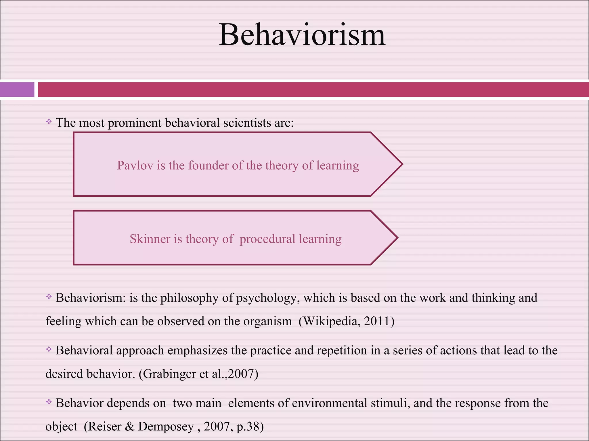 Behaviorism The most prominent behavioral scientists are:  Behaviorism: is the philosophy of psychology, which is based on the work and thinking and feeling which can be observed on the organism  (Wikipedia, 2011) Behavioral approach emphasizes the practice and repetition in a series of actions that lead to the desired behavior. (Grabinger et al.,2007) Behavior depends on  two main  elements of environmental stimuli, and the response from the object  ( Reiser & Demposey , 2007, p.38) Pavlov is the founder of the theory of learning Skinner is theory of  procedural learning 