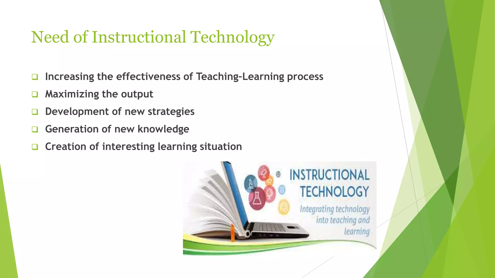 Need of Instructional Technology
 Increasing the effectiveness of Teaching–Learning process
 Maximizing the output
 Development of new strategies
 Generation of new knowledge
 Creation of interesting learning situation
 