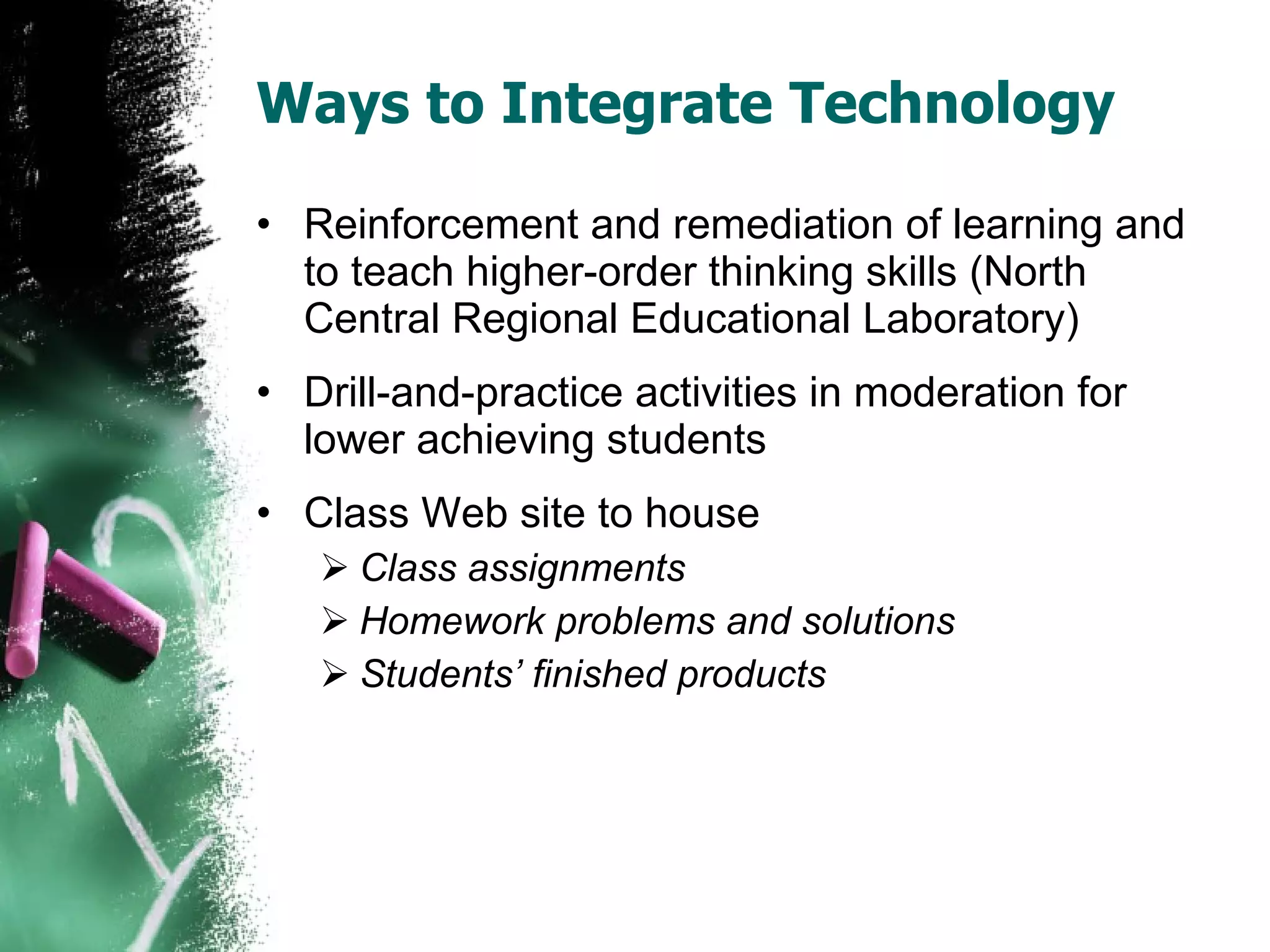 Ways to Integrate Technology Reinforcement and remediation of learning and to teach higher-order thinking skills (North Central Regional Educational Laboratory) Drill-and-practice activities in moderation for lower achieving students Class Web site to house  Class assignments Homework problems and solutions Students’ finished products 