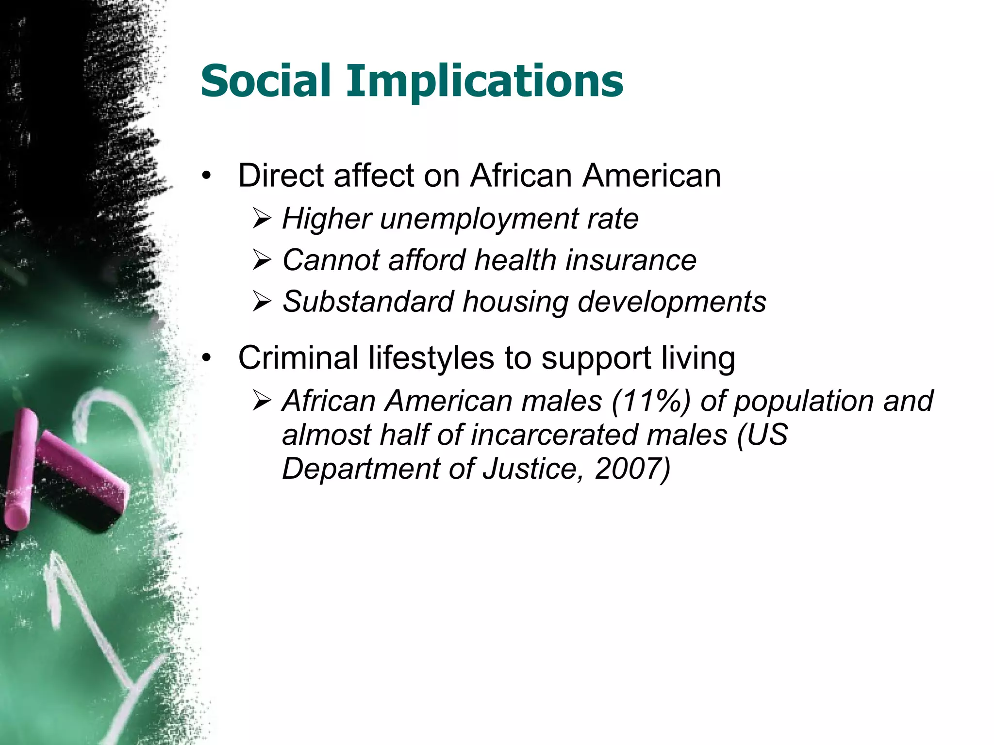 Social Implications Direct affect on African American Higher unemployment rate Cannot afford health insurance Substandard housing developments Criminal lifestyles to support living African American males (11%) of population and almost half of incarcerated males (US Department of Justice, 2007) 