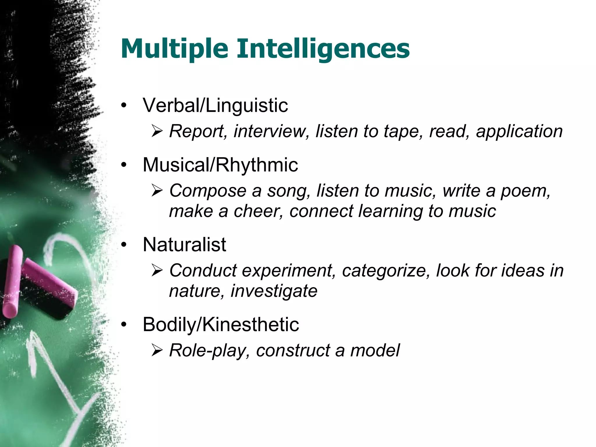 Multiple Intelligences Verbal/Linguistic Report, interview, listen to tape, read, application Musical/Rhythmic Compose a song, listen to music, write a poem, make a cheer, connect learning to music Naturalist Conduct experiment, categorize, look for ideas in nature, investigate Bodily/Kinesthetic Role-play, construct a model 