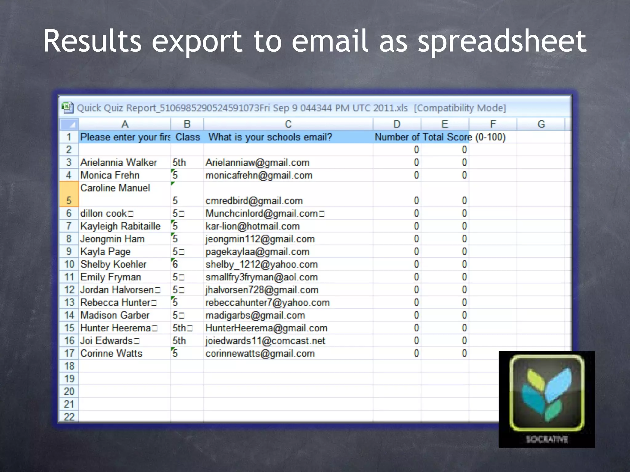 Results export to email as spreadsheet 