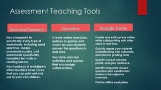 Assessment Teaching Tools
Worksheet Generator
Has a template for
practically every type of
worksheets, including word
searches, mazes,
crossword puzzles, and
worksheets specifically
formatted for math or
reading lessons.
Has hundreds of worksheets
other teachers have made
that you can print out and
use in your own classes..
Socrative
Create online exercises,
quizzes or games and
watch as your students
answer the questions in
real time.
Socrative also has
activities and quizzes
that encourage
collaboration.
Google Forms
Create and edit surveys online
while collaborating with other
users in real-time.
Quickly assess your students'
understanding with automatic
and manual grading tools.
Specify correct answers,
points, and give feedback.
Identify frequently missed
questions that need further
review in the response
summary.
Print for offline evaluation.
 