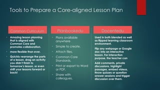 Tools to Prepare a Core-aligned Lesson Plan
Common Curriculum
• Amazing lesson planning
that is aligned with
Common Core and
promotes collaboration.
• more flexible than ever.
• Quickly rearrange the parts
of a lesson, drag an activity
you didn’t finish to
tomorrow’s lesson, or even
shift your lessons forward or
back!
Planbookedu
• Plans available
anywhere
• Simple to create.
• Attach files,
• Common Core
Standards,
• Print or export to Word
or PDF,
• Share with
colleagues.
Docentedu
Used in both blended as well
as flipped learning classroom
environment.
Flip any webpage or Google
doc into an interactive
lesson. For interaction
purpose, the teacher can
Add comments, private
discussions, highlight
passages, embed videos,
throw quizzes or question
answer sessions and trigger
discussion over them.
 