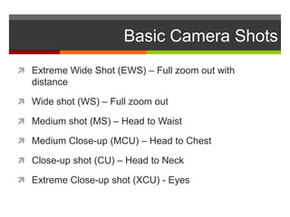 Basic Camera Shots
 Extreme Wide Shot (EWS) – Full zoom out with
   distance

 Wide shot (WS) – Full zoom out

 Medium shot (MS) – Head to Waist

 Medium Close-up (MCU) – Head to Chest

 Close-up shot (CU) – Head to Neck

 Extreme Close-up shot (XCU) - Eyes
 