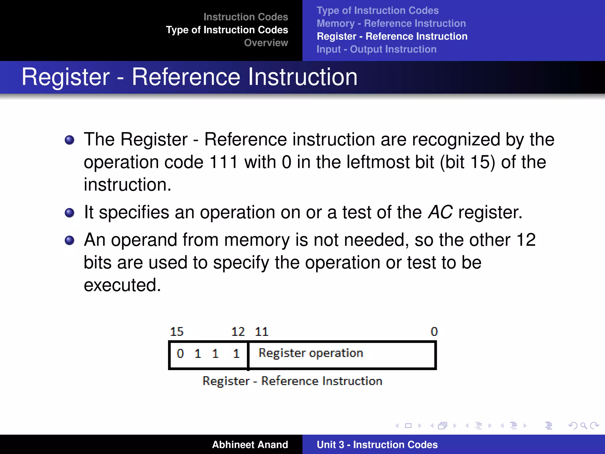 Type of Instruction Codes
                       Instruction Codes
                                           Memory - Reference Instruction
               Type of Instruction Codes
                                           Register - Reference Instruction
                                Overview
                                           Input - Output Instruction


Register - Reference Instruction

     The Register - Reference instruction are recognized by the
     operation code 111 with 0 in the leftmost bit (bit 15) of the
     instruction.
     It speciﬁes an operation on or a test of the AC register.
     An operand from memory is not needed, so the other 12
     bits are used to specify the operation or test to be
     executed.




                        Abhineet Anand     Unit 3 - Instruction Codes
 