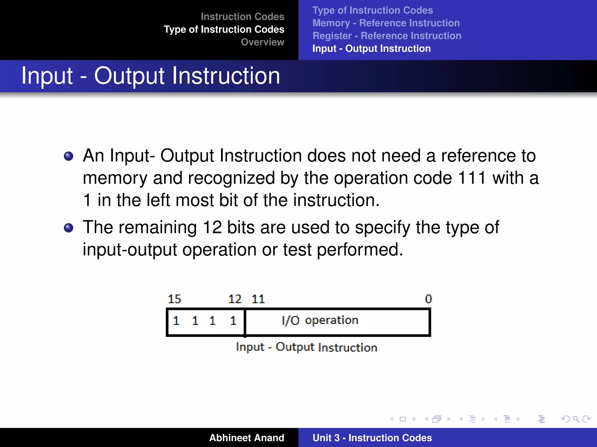 Type of Instruction Codes
                        Instruction Codes
                                            Memory - Reference Instruction
                Type of Instruction Codes
                                            Register - Reference Instruction
                                 Overview
                                            Input - Output Instruction


Input - Output Instruction


      An Input- Output Instruction does not need a reference to
      memory and recognized by the operation code 111 with a
      1 in the left most bit of the instruction.
      The remaining 12 bits are used to specify the type of
      input-output operation or test performed.




                         Abhineet Anand     Unit 3 - Instruction Codes
 