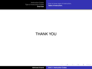 Instruction Codes
                            How to know type of instruction.
Type of Instruction Codes
                            Table of Instruction.
                 Overview




             THANK YOU




         Abhineet Anand     Unit 3 - Instruction Codes
 