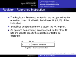 Type of Instruction Codes
                       Instruction Codes
                                           Memory - Reference Instruction
               Type of Instruction Codes
                                           Register - Reference Instruction
                                Overview
                                           Input - Output Instruction


Register - Reference Instruction

     The Register - Reference instruction are recognized by the
     operation code 111 with 0 in the leftmost bit (bit 15) of the
     instruction.
     It speciﬁes an operation on or a test of the AC register.
     An operand from memory is not needed, so the other 12
     bits are used to specify the operation or test to be
     executed.




                        Abhineet Anand     Unit 3 - Instruction Codes
 