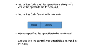 • Instruction Code specifies operation and registers
where the operands are to be found.
• Instruction Code format with two parts
ADDRESS
OPCODE
• Opcode specifies the operation to be performed
• Address tells the control where to find an operand in
memory.
 