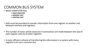 COMMON BUS SYSTEM
• BASIC COMPUTER HAS
 EIGHT REGISTERS
 MEMORY UNIT
 CONTROL UNIT
• Path must be provided to transfer information from one register to another and
between memory and registers.
• The number of wires will be excessive if connections are made between the o/p of
each register and i/p of other registers.
• A more efficient scheme of transferring the information in a system with many
registers is to use a common bus
 