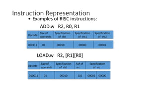 Instruction Representation
• Examples of RISC instructions:
ADD.w R2, R0, R1
Opcode
Specification
of src
Size of
operands
AM of
src
Specification
of dst
01 101
00010 00000
00001
Opcode
000111
Specification
of src1
Size of
operands
Specification
of dst
Specification
of src2
00001
01 00010 00000
Opcode
000111
LOAD.w R2, [R1][R0]
010011
Opcode
 