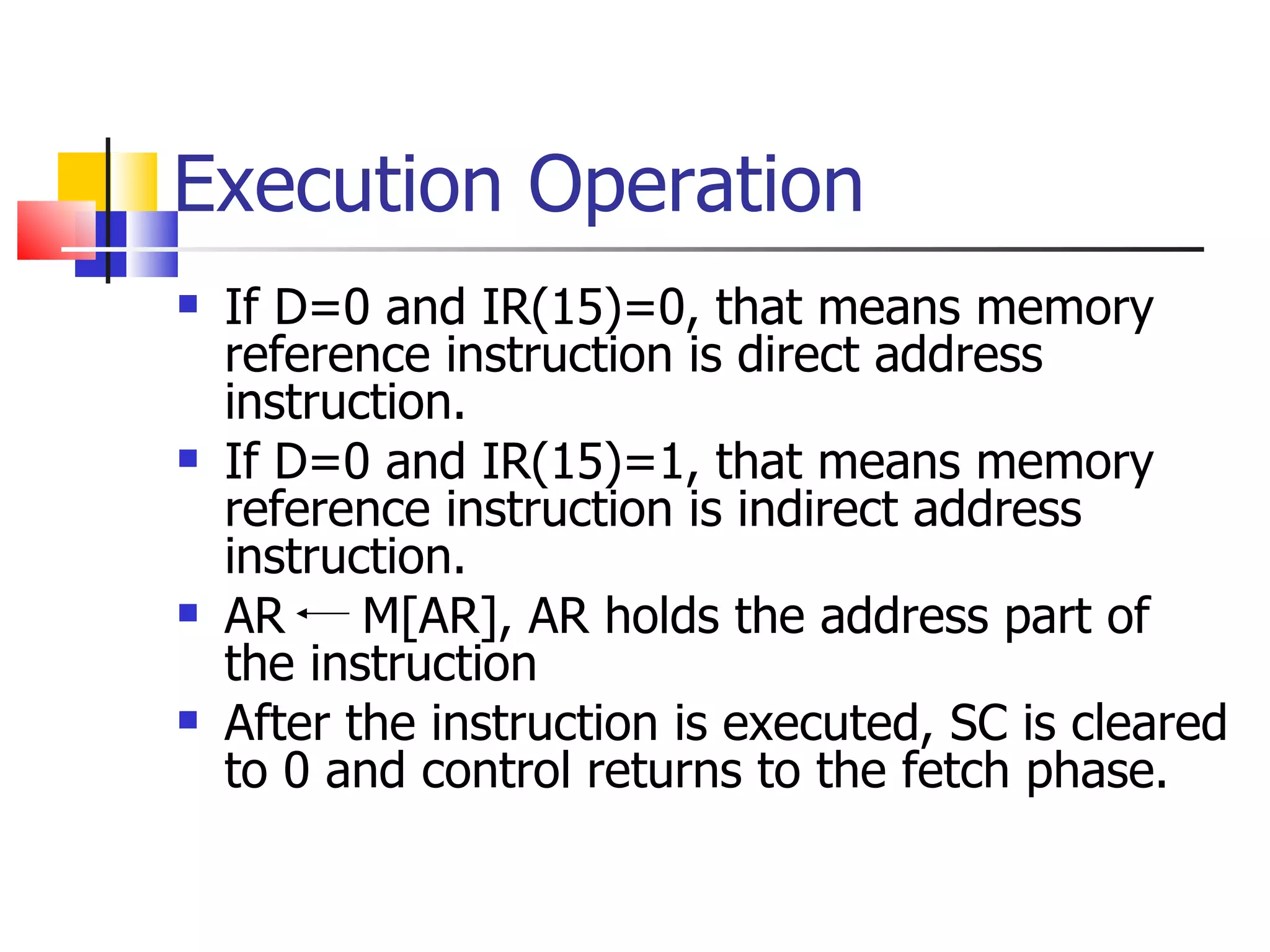 Execution Operation If D=0 and IR(15)=0, that means memory reference instruction is direct address instruction. If D=0 and IR(15)=1, that means memory reference instruction is indirect address instruction. AR  M[AR], AR holds the address part of the instruction After the instruction is executed, SC is cleared to 0 and control returns to the fetch phase. 