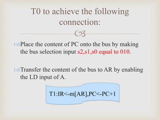 
Place the content of PC onto the bus by making
the bus selection input s2,s1,s0 equal to 010.
Transfer the content of the bus to AR by enabling
the LD input of A.
T0 to achieve the following
connection:
T1:IR<-m[AR],PC<-PC+1
 