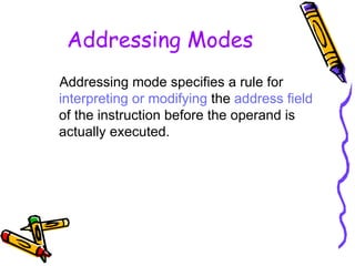 Addressing Modes Addressing mode specifies a rule for  interpreting or modifying  the  address field  of the instruction before the operand is actually executed. 