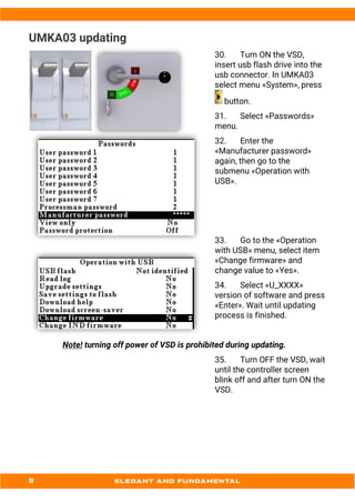 UMKA03 updating
30. Turn ON the VSD,
insert usb flash drive into the
usb connector. In UMKA03
select menu «System», press
button.
31. Select «Passwords»
menu.
32. Enter the
«Manufacturer password»
again, then go to the
submenu «Operation with
USB».
33. Go to the «Operation
with USB» menu, select item
«Change firmware» and
change value to «Yes».
34. Select «U_XXXX»
version of software and press
«Enter». Wait until updating
process is finished.
Note! turning off power of VSD is prohibited during updating.
35. Turn OFF the VSD, wait
until the controller screen
blink off and after turn ON the
VSD.
 