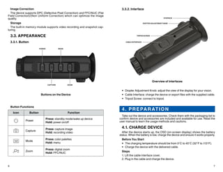 6 7
3.3.2. Interface
EYEPIECE
TRIPOD SCREW
CABLE INTERFACE
DIOPTER ADJUSTMENT KNOB
Overview of Interfaces
•	 Diopter Adjustment Knob: adjust the view of the display for your vision.
•	 Cable Interface: charge the device or export files with the supplied cable.
•	 Tripod Screw: connect to tripod.
4. PREPARATION
Take out the device and accessories. Check them with the packaging list to
confirm device and accessories are included and available for use. Read the
user manual to learn the usage methods and cautions.
4.1. CHARGE DEVICE
After the device starts up, the OSD (on-screen display) shows the battery
status. When the battery is low, charge the device and ensure it works properly.
Before You Start
•	 The charging temperature should be from 0°C to 45°C (32°F to 113°F).
•	 Charge the device with the delivered cable.
Steps
1. Lift the cable interface cover.
2. Plug in the cable and charge the device.
Image Correction
The device supports DPC (Defective Pixel Correction) and FFC/NUC (Flat
Field Correction)/(Non Uniform Correction) which can optimize the image
quality.
Storage
The built-in memory module supports video recording and snapshot cap-
turing.
3.3. APPEARANCE
3.3.1. Button
POWER MODE
CAPTURE ZOOM
Buttons on the Device
Button Functions
Icon Button Function
Power
Press: standby mode/wake up device
Hold: power on/off
Capture
Press: capture image
Hold: recording video
Mode
Press: color palettes
Hold: menu
Zoom
Press: digital zoom
Hold: FFC/NUC
 