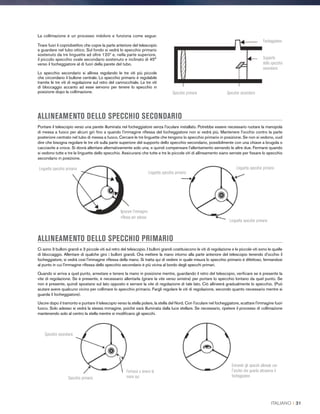 La collimazione è un processo indolore e funziona come segue:
Tirare fuori il copriobiettivo che copre la parte anteriore del telescopio
e guardare nel tubo ottico. Sul fondo si vedrà lo specchio primario
sostenuto da tre linguette ad oltre 120º e, nella parte superiore,
il piccolo specchio ovale secondario sostenuto e inclinato di 45°
verso il focheggiatore al di fuori della parete del tubo.
Lo specchio secondario si allinea regolando le tre viti più piccole
che circondano il bullone centrale. Lo specchio primario è regolabile
tramite le tre viti di regolazione sul retro del cannocchiale. Le tre viti
di bloccaggio accanto ad esse servono per tenere lo specchio in
posizione dopo la collimazione. Specchio primario Specchio secondario
Supporto
dello specchio
secondario
Focheggiatore
ALLINEAMENTO DELLO SPECCHIO SECONDARIO
Puntare il telescopio verso una parete illuminata nel focheggiatore senza l'oculare installato. Potrebbe essere necessario ruotare la manopola
di messa a fuoco per alcuni giri fino a quando l'immagine riflessa del focheggiatore non si vedrà più. Mantenere l'occhio contro la parte
posteriore centrato nel tubo di messa a fuoco. Cercare le tre linguette che tengono lo specchio primario in posizione. Se non si vedono, vuol
dire che bisogna regolare le tre viti sulla parte superiore del supporto dello specchio secondario, possibilmente con una chiave a brugola o
cacciavite a croce. Si dovrà allentare alternativamente solo una, e quindi compensare l'allentamento serrando le altre due. Fermarsi quando
si vedono tutte e tre le linguette dello specchio. Assicurarsi che tutte e tre le piccole viti di allineamento siano serrate per fissare lo specchio
secondario in posizione.
Linguetta specchio primario
Ignorare l’immagine
riflessa per adesso
Linguetta specchio primario
Linguetta specchio primario
Linguetta specchio primario
ALLINEAMENTO DELLO SPECCHIO PRIMARIO
Ci sono 3 bulloni grandi e 3 piccole viti sul retro del telescopio. I bulloni grandi costituiscono le viti di regolazione e le piccole viti sono le quelle
di bloccaggio. Allentare di qualche giro i bulloni grandi. Ora mettere la mano intorno alla parte anteriore del telescopio tenendo d'occhio il
focheggiatore, si vedrà così l'immagine riflessa della mano. Si tratta qui di vedere in quale misura lo specchio primario è difettoso, fermandosi
al punto in cui l'immagine riflessa dello specchio secondario è più vicina al bordo degli specchi primari.
Quando si arriva a quel punto, arrestare e tenere la mano in posizione mentre, guardando il retro del telescopio, verificare se è presente la
vite di regolazione. Se è presente, è necessario allentarla (girare la vite verso sinistra) per portare lo specchio lontano da quel punto. Se
non è presente, quindi spostarsi sul lato opposto e serrare la vite di regolazione di tale lato. Ciò allineerà gradualmente lo specchio. (Può
aiutare avere qualcuno vicino per collimare lo specchio primario. Fargli regolare le viti di regolazione, secondo quanto necessario mentre si
guarda il focheggiatore).
Uscire dopo il tramonto e puntare il telescopio verso la stella polare, la stella del Nord. Con l'oculare nel focheggiatore, scattare l'immagine fuori
fuoco. Solo adesso si vedrà la stessa immagine, poiché sarà illuminata dalla luce stellare. Se necessario, ripetere il processo di collimazione
mantenendo solo al centro la stella mentre si modificano gli specchi.
Specchio secondario
Specchio primario
Fermarsi e tenere la
mano qui
Entrambi gli specchi allineati con
l'occhio che guarda attraverso il
focheggiatore
ITALIANO I 31
 