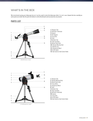 1. Telescope Tube
2. StarPointer Finderscope
3. Eyepiece
4. Star Diagonal
5. Focus Knob
6. Tripod
7. Accessory Tray
8. Tripod Leg Clamp
9. Altitude Clutch Knob
10. Telescope Mounting Knob
11. Objective Lens
12. Computerized Mount
13. On/Off Switch
14. Hand Control  Hand Control Holder
We recommend saving your telescope box so it can be used to store the telescope when it is not in use. Unpack the box carefully as
some parts are small. Use the parts list below to verify that all parts and accessories are present.
PARTS LIST
WHAT’S IN THE BOX
1. Telescope Tube
2. Telescope Mounting Knob
3. Altitude Clutch Knob
4. Primary Mirror
5. Computerized Mount
6. Tripod
7. Accessory Tray
8. Tripod Leg Clamp
9. StarPointer Finderscope
10. Eyepiece
11. Focus Knob
12. On/Off Switch
13. Hand Control  Hand Control Holder
(80LCM Refractor shown)
(114LCM Newtonian shown)
3
5
6
11
2
4
7
9
10
12
13
14
8
1
3
4
1
13
10
5
6
11
2
9
12
7
8
ENGLISH I 7
 
