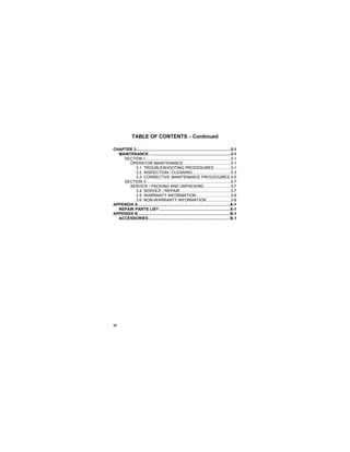 vi
TABLE OF CONTENTS – Continued
CHAPTER 3......................................................................................3-1
MAINTENANCE ..........................................................................3-1
SECTION I..............................................................................3-1
OPERATOR MAINTENANCE...........................................3-1
3.1 TROUBLESHOOTING PROCEDURES ...............3-1
3.2 INSPECTION / CLEANING...................................3-3
3.3 CORRECTIVE MAINTENANCE PROCEDURES 3-5
SECTION II.............................................................................3-7
SERVICE / PACKING AND UNPACKING........................3-7
3.4 SERVICE / REPAIR..............................................3-7
3.5 WARRANTY INFORMATION ...............................3-8
3.6 NON-WARRANTY INFORMATION......................3-8
APPENDIX A ...................................................................................A-1
REPAIR PARTS LIST ................................................................A-1
APPENDIX B ...................................................................................B-1
ACCESSORIES..........................................................................B-1
 