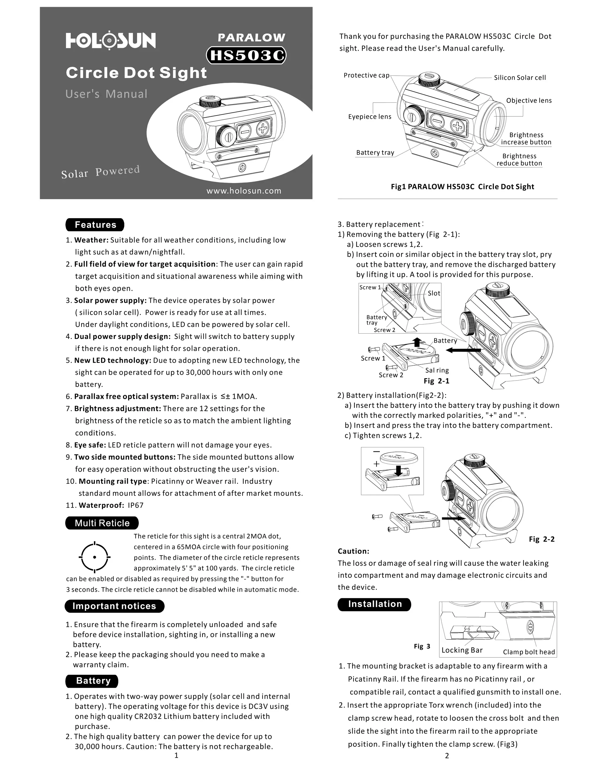 HOLOSUN HS503C t1ドットサイト レッドLED2MOA+65MOA HOLOSUN】HS503CU マイクロレッドサークル ドットサイト（