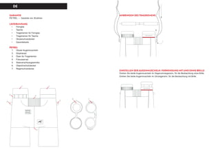 DE
GARANTIE
PETREL – Garantie von 30Jahren
LIEFERUMFANG
•	 	Fernglas
•	 	Tasche
•	 	 Trageriemen für Fernglas
•	 	 Trageriemen für Tasche
•	 	Okularschutzdeckel
•	 	Garantiekarte
PETREL
1.		Okular-Augenmuscheln
2.		Dioptrierad
3.		 Ösen für Trageriemen
4.		 Fokussierrad
5.		Stativanschlussgewindes
6.		Objectivschutzdeckel
7.		Regenschutzdecke
ANBRINGEN DES TRAGRIEMENS
EINSTELLEN DER AUGENMUSCHELN. VERWENDUNG MIT UND OHNE BRILLE
Drehen Sie beide Augenmuscheln im Gegenuhrzeigersinn, für die Beobachtung ohne Brille.
Drehen Sie beide Augenmuscheln im Uhrzeigersinn, für die Beobachtung mit Brille.
 