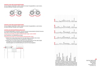 EINSTELLUNG DES AUGENABSTANDES
Um ein einziges rundes Bild zu sehen, müssen Sie beide Fernglashälften so weit knicken,
bis keine störenden Schatten mehr auftreten.
EINSTELLUNG DES AUGENABSTANDES
Um ein einziges rundes Bild zu sehen, müssen Sie beide Fernglashälften so weit knicken,
bis keine störenden Schatten mehr auftreten.
EINSTELLEN DER DIOPTRIENAUSGLEICH
Um optimale Bildqualität zu erreichen, muss die eventuell unterschiedliche Sehkraft zwischen
dem linken und dem rechten Auge ausgeglichen werden.
Verwendung ohne Brille und gleicher Sehkraft beider Augen, oder mit Brille:
Das Dioptrierad in die Mittelstellung bringen.
Verwendung ohne Brille und unterschiedlicher Sehkraft beider Augen:
1. Blicken Sie mit dem linken Auge durch das linke Okular und stellen Sie mit dem
	 Fokussierrad die Bildschärfe eines ausgewählten Objektes ein.
2.	Blicken Sie nun mit dem rechten Auge durch das rechte Okular auf das selbe Objekt
	 und stellen sie mit dem Dioptrierad auf optimale Bildschärfe ein.
	 Dioptrieausgleich und Scharfeinstellung ist somit für Sie durchgeführt.
Vlamingveld 89
8490 Jabbeke
BELGIUM
www.kiteoptics.com
+32 50 69 23 19
	
8x32
	
8x42
	
10x42
	
8.5x50
	
10x50
Vergrößerung
	
8
	
8
	
10
	
8.5
	
10
Objektiv
durchmesser
(mm)
	
32
	
42
	
42
	
50
	
50
Austrittspupillen
(mm)
	
4
	
5.25
	
4.2
	
5.88
	
5
kürzeste
Einstellentfernung
(m)
	
1.2
	
1.8
	
1.8
	
2.8
	
2.8
Sehfeld
(m
/
1000m)
	
131
	
114
	
105
	
97
	
88
Sehfeld
(Grad)
	
7.5
	
6.5
	
6.0
	
5.5
	
5.0
Austrittspupillenabstand
(mm)
	
17
	
19.5
	
17
	
19
	
19.5
Pupillenabstand
(mm)
	
74-59
	
74-59
	
74-59
	
74-59
	
74-59
Höhe
(mm)
	
124
	
145
	
145
	
175
	
170
maximale
Breite
(mm)
	
120
	
124
	
124
	
131
	
131
min
Breite
gefaltet
(mm)
	
104
	
108
	
108
	
116
	
116
Gewicht
(g)
	
550
	
610
	
625
	
760
	
715
Dämmerungsfaktor
	
16
	
18.3
	
20.5
	
20.6
	
22.4
dioptrische
Kompensation
(+/-)
	
3
	
3
	
3
	
3
	
3
wasserdicht
	
yes
	
yes
	
yes
	
yes
	
yes
Gas
gefüllt
	
yes
	
yes
	
yes
	
yes
	
yes
Funktionstemperatur
	
-25°C
/
55°C
	
-25°C
/
55°C
	
-25°C
/
55°C
	
-25°C
/
55°C
	
-25°C
/
55°C
Lichttransmission
(%)
	
84
	
85
	
82
	
84
	
82
Garantie
	
30
	
30
	
30
	
30
	
30
 