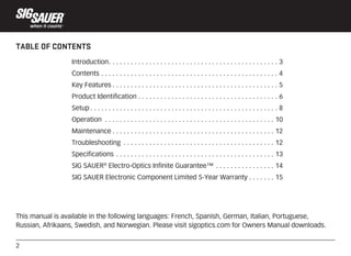 2
TABLE OF CONTENTS
This manual is available in the following languages: French, Spanish, German, Italian, Portuguese,
Rus...