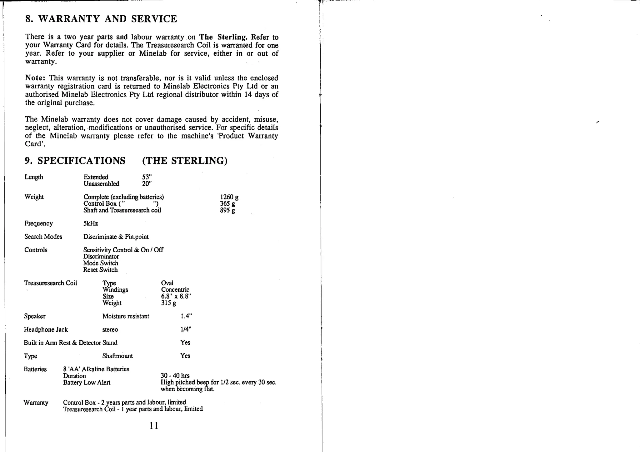 Instruction Manual Minelab Sterling Metal Detector English Language