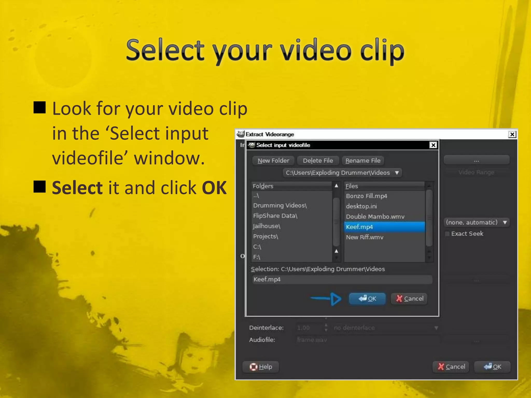 Select your video clipLook for your video clip in the ‘Select input videofile’ window.Select it and click OK